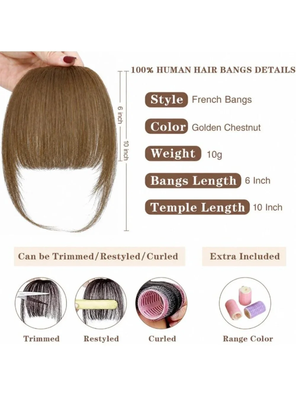 100% Human Hair Clip-In Bangs for Women | Wispy Honey Brown Fringe, Easy to